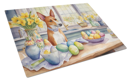 Decorating Easter Basenji Glass Cutting Board