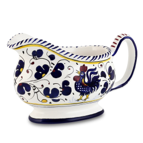 ORVIETO ROOSTER: Deruta Sauce boat (Color: Blue, size: 6.75 Long. X 3.5 WIDE X 5 HIGH (8.5 Long with handles) (Dimensions measured in Inches))