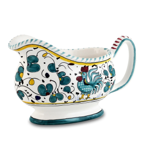 ORVIETO ROOSTER: Deruta Sauce boat (Color: green, size: 6.75 Long. X 3.5 WIDE X 5 HIGH (8.5 Long with handles) (Dimensions measured in Inches))