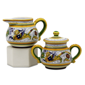 RAFFAELLESCO: Sugar and Creamer (size: 4 DIAM. X 4 HIGH (Sugar Bowl is 5 High with the lid) (Dimensions measured in Inches))