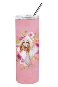 Dog Breed 20 oz Skinny Tumbler (Dog Breed: Afghan Hound Pink Flowers Double Walled Stainless Steel)