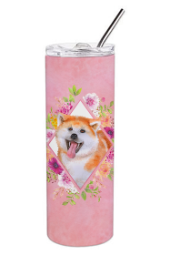 Dog Breed 20 oz Skinny Tumbler (Dog Breed: Akita Pink Flowers Double Walled Stainless Steel)