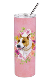 Dog Breed 20 oz Skinny Tumbler (Dog Breed: Bull Terrier Pink Flowers Double Walled Stainless Steel)