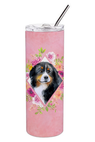 Dog Breed 20 oz Skinny Tumbler (Dog Breed: Bernese Mountain Dog Pink Flowers Double Walled Stainless Steel)