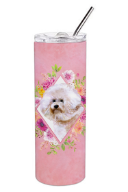 Dog Breed 20 oz Skinny Tumbler (Dog Breed: Bichon FrisTH #1 Pink Flowers Double Walled Stainless Steel)