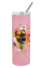 Dog Breed 20 oz Skinny Tumbler (Dog Breed: Borboel Mastiff Pink Flowers Double Walled Stainless Steel)