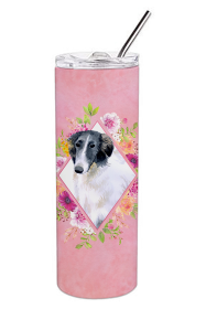 Dog Breed 20 oz Skinny Tumbler (Dog Breed: Borzoi Pink Flowers Double Walled Stainless Steel)