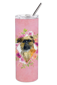 Dog Breed 20 oz Skinny Tumbler (Dog Breed: Brussels Griffon Pink Flowers Double Walled Stainless Steel)