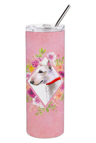 Dog Breed 20 oz Skinny Tumbler (Dog Breed: Bull Terrier Pink Flowers Double Walled Stainless Steel 1)