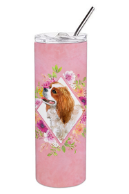 Dog Breed 20 oz Skinny Tumbler (Dog Breed: Cavalier King Charles Spaniel Pink Flowers Double Walled Stainless Steel)