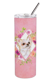 Dog Breed 20 oz Skinny Tumbler (Dog Breed: Long Hair Chihuahua Pink Flowers Double Walled Stainless Steel)