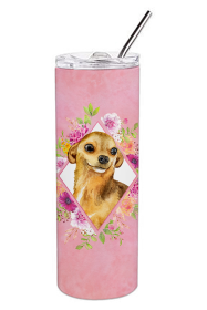 Dog Breed 20 oz Skinny Tumbler (Dog Breed: Chihuahua #1 Pink Flowers Double Walled Stainless Steel)