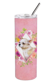 Dog Breed 20 oz Skinny Tumbler (Dog Breed: Chihuahua #2 Pink Flowers Double Walled Stainless Steel)