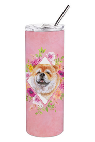 Dog Breed 20 oz Skinny Tumbler (Dog Breed: Chow Chow #2 Pink Flowers Double Walled Stainless Steel)