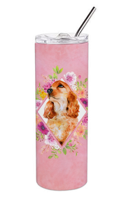 Dog Breed 20 oz Skinny Tumbler (Dog Breed: Cocker Spaniel #2 Pink Flowers Double Walled Stainless Steel)