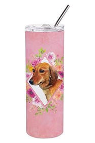 Dog Breed 20 oz Skinny Tumbler (Dog Breed: Dachshund Red #1 Pink Flowers Double Walled Stainless Steel)