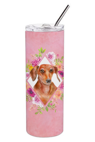 Dog Breed 20 oz Skinny Tumbler (Dog Breed: Dachshund Red #2 Pink Flowers Double Walled Stainless Steel)