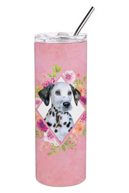 Dog Breed 20 oz Skinny Tumbler (Dog Breed: Dalmatian Puppy Pink Flowers Double Walled Stainless Steel)