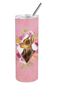 Dog Breed 20 oz Skinny Tumbler (Dog Breed: Doberman Pinscher Pink Flowers Double Walled Stainless Steel)