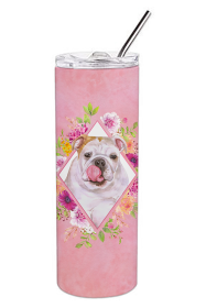 Dog Breed 20 oz Skinny Tumbler (Dog Breed: English Bulldog Pink Flowers Double Walled Stainless Steel)