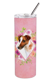 Dog Breed 20 oz Skinny Tumbler (Dog Breed: Jack Russell Terrier Pink Flowers Double Walled Stainless Steel)