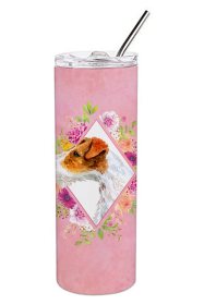 Dog Breed 20 oz Skinny Tumbler (Dog Breed: Jack Russell Terrier #2 Pink Flowers Double Walled Stainless Steel)
