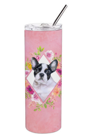 Dog Breed 20 oz Skinny Tumbler (Dog Breed: French Bulldog Pink Flowers Double Walled Stainless Steel)