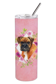 Dog Breed 20 oz Skinny Tumbler (Dog Breed: German Boxer Pink Flowers Double Walled Stainless Steel)