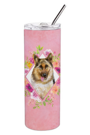 Dog Breed 20 oz Skinny Tumbler (Dog Breed: German Shepherd #1 Pink Flowers Double Walled Stainless Steel)
