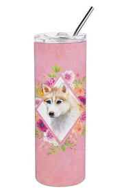 Dog Breed 20 oz Skinny Tumbler (Dog Breed: Red Siberian Husky Pink Flowers Double Walled Stainless Steel)