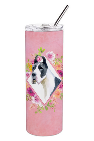 Dog Breed 20 oz Skinny Tumbler (Dog Breed: Great Dane Pink Flowers Double Walled Stainless Steel)