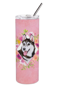 Dog Breed 20 oz Skinny Tumbler (Dog Breed: Siberian Husky #1 Pink Flowers Double Walled Stainless Steel)
