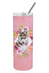 Dog Breed 20 oz Skinny Tumbler (Dog Breed: Siberian Husky #2 Pink Flowers Double Walled Stainless Steel)