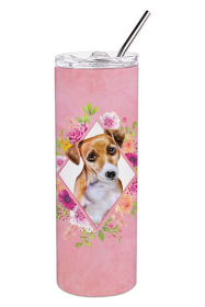 Dog Breed 20 oz Skinny Tumbler (Dog Breed: Jack Russell Terrier #1 Pink Flowers Double Walled Stainless Steel)