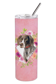 Dog Breed 20 oz Skinny Tumbler (Dog Breed: German Shorthaired Pointer Pink Flowers Double Walled Stainless Steel)