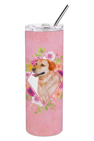 Dog Breed 20 oz Skinny Tumbler (Dog Breed: Yellow Labrador Retriever Pink Flowers Double Walled Stainless Steel)