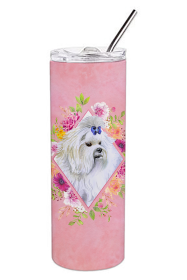 Dog Breed 20 oz Skinny Tumbler (Dog Breed: Maltese Pink Flowers Double Walled Stainless Steel)