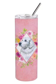 Dog Breed 20 oz Skinny Tumbler (Dog Breed: Great Pyrenees Pink Flowers Double Walled Stainless Steel)