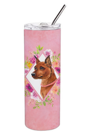 Dog Breed 20 oz Skinny Tumbler (Dog Breed: Miniature Pinscher Pink Flowers Double Walled Stainless Steel)