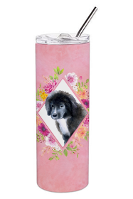 Dog Breed 20 oz Skinny Tumbler (Dog Breed: Newfoundland Puppy Pink Flowers Double Walled Stainless Steel)