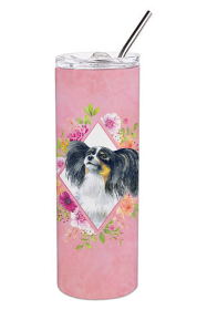 Dog Breed 20 oz Skinny Tumbler (Dog Breed: Papillon Pink Flowers Double Walled Stainless Steel)