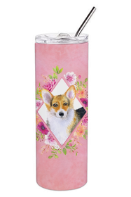 Dog Breed 20 oz Skinny Tumbler (Dog Breed: Corgi Pink Flowers Double Walled Stainless Steel)