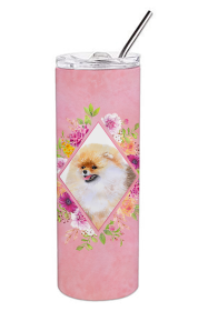 Dog Breed 20 oz Skinny Tumbler (Dog Breed: Pomeranian #2 Pink Flowers Double Walled Stainless Steel)