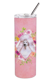 Dog Breed 20 oz Skinny Tumbler (Dog Breed: Standard White Poodle Pink Flowers Double Walled Stainless Steel)