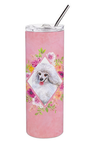 Dog Breed 20 oz Skinny Tumbler (Dog Breed: White Mini Poodle Pink Flowers Double Walled Stainless Steel)