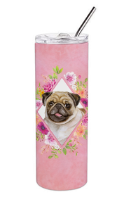 Dog Breed 20 oz Skinny Tumbler (Dog Breed: Fawn Pug Pink Flowers Double Walled Stainless Steel)