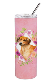 Dog Breed 20 oz Skinny Tumbler (Dog Breed: Rhodesian Ridgeback Pink Flowers Double Walled Stainless Steel)