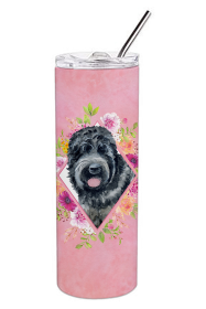 Dog Breed 20 oz Skinny Tumbler (Dog Breed: Russian Black Terrier Pink Flowers Double Walled Stainless Steel)