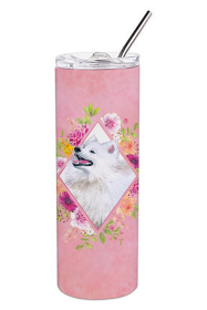 Dog Breed 20 oz Skinny Tumbler (Dog Breed: Samoyed Pink Flowers Double Walled Stainless Steel)