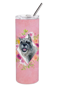 Dog Breed 20 oz Skinny Tumbler (Dog Breed: Schnauzer Pink Flowers Double Walled Stainless Steel)